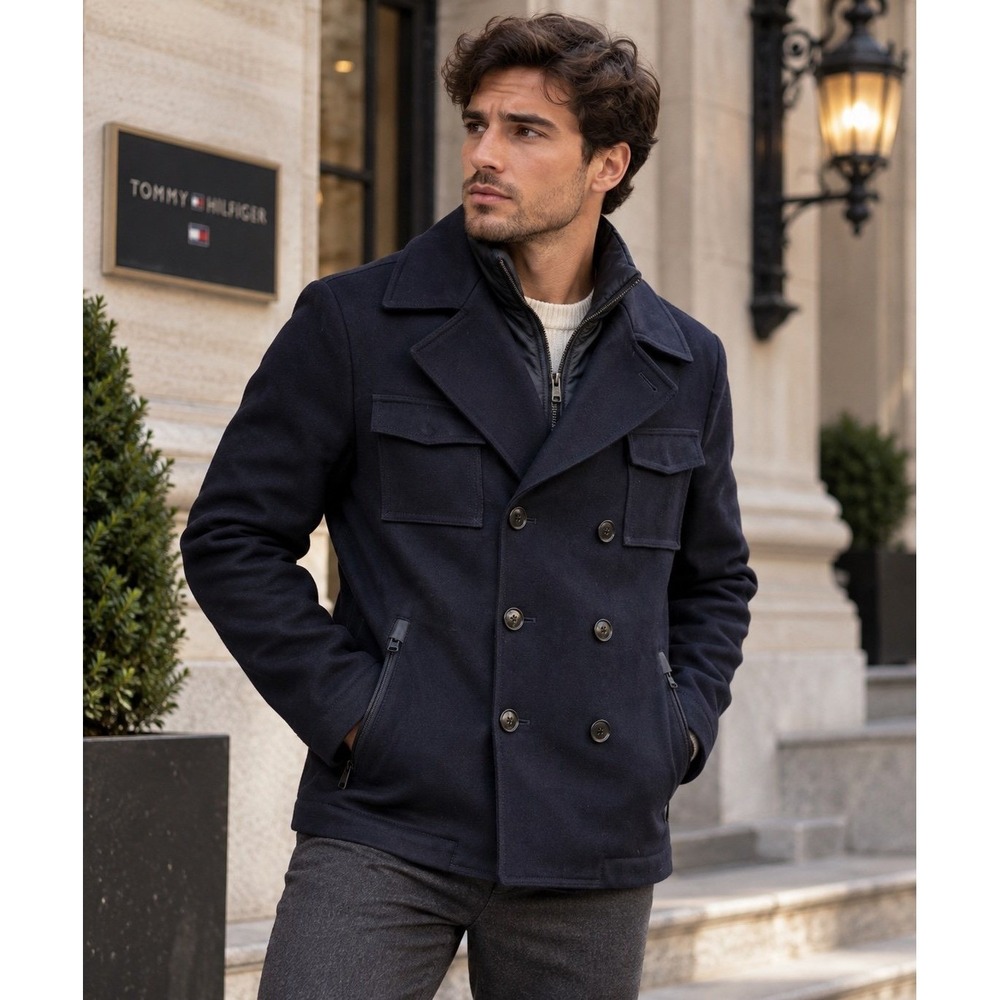 Tommy Hilfiger Men's M Navy Wool Blend Peacoat Quilted Bib Double Breasted